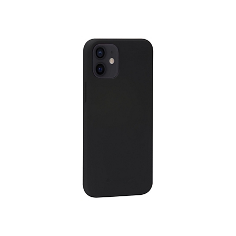 Schwarze Smartphone-Hülle, die ein Smartphone auf einem weißen Hintergrund schützt. Sie hat Aussparungen für Kamera und Knöpfe.