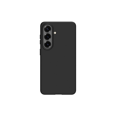 Schwarzes Smartphone, das aufrecht steht. Auf der Rückseite sind drei Kameraobjektive und ein Blitz zu sehen.