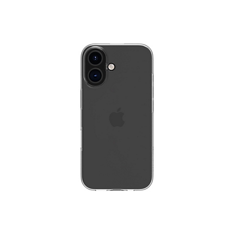 Ein graues Smartphone mit zwei Kameras und einem Apfel-Logo, umgeben von einer transparenten Schutzhülle, auf weißem Hintergrund.