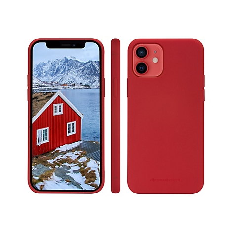 Rotes Handycase mit iPhone, zeigt eine Landschaft mit rotem Haus und Bergen.