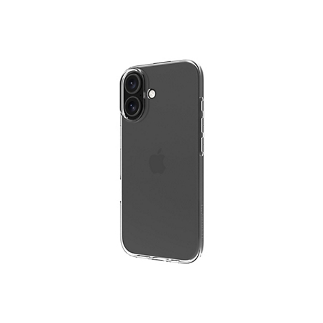 Ein durchsichtiges Handycase mit dem Apple-Logo auf einem grauen Hintergrund.