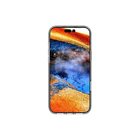 Smartphone, der ein farbenfrohes, abstraktes Bild zeigt. Gelb, Blau, Orange und Grau dominieren.