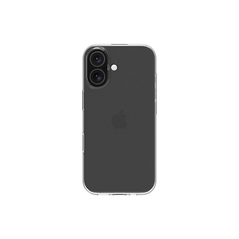 Ein graues Smartphone, umhüllt von einer transparenten Hülle, vor weißem Hintergrund. Die Rückseite zeigt eine Dual-Kamera und das Apple-Logo.