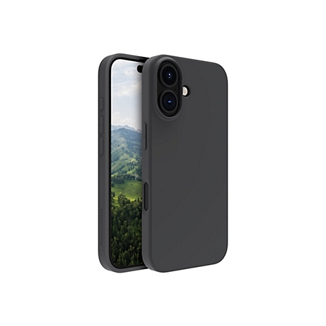 Dunkelgraue Smartphone-Hülle mit eingebautem Smartphone, das eine Berglandschaft zeigt.
