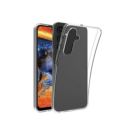 Ein Mobiltelefon mit einer durchsichtigen Schutzhülle. Das Handy und die Hülle stehen vor weißem Hintergrund.