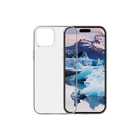 Ein iPhone mit einer durchsichtigen Hülle, die das Display mit einer Landschaft zeigt.