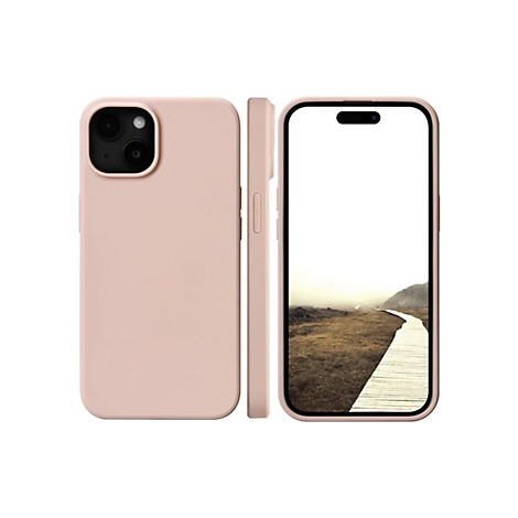 Hellrosa Handyhülle für ein Smartphone, im 3/4-Profil, sowie Frontalansicht. Auf dem Bildschirm ist ein Weg durch eine Landschaft zu sehen.