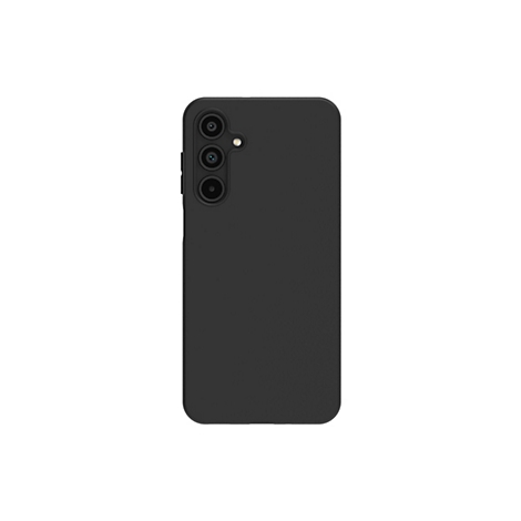 Schwarze Smartphone-Hülle, Rückseite, Kameramodul, weißer Hintergrund.