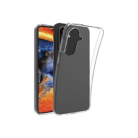 Ein Mobiltelefon mit angebrachter, transparenter Schutzhülle; vor weißem Hintergrund.