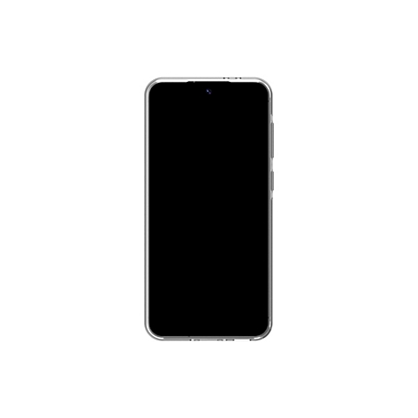 Ein Smartphone, Bildschirm schwarz, in durchsichtiger Schutzhülle, vor weißem Hintergrund.