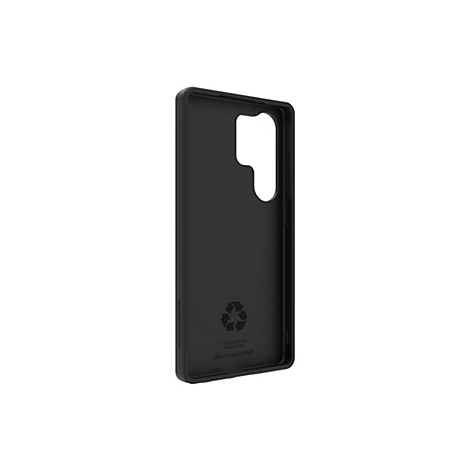 Schwarze Smartphone-Hülle, leicht schräg von hinten gesehen. Logo mit Recycling-Symbol und Schriftzug: 100% RECYCLED PROTECTION. dbrand. Der Schriftzug „dbrand1928“ ist mehrfach zu sehen.