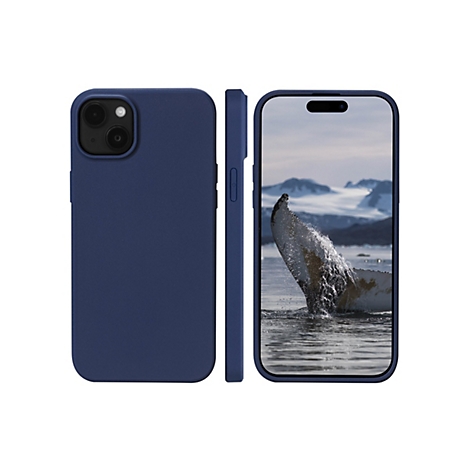 Drei Ansichten eines blauen Handycases und eines Smartphones. Auf dem Bildschirm ist ein Wal im Meer zu sehen.