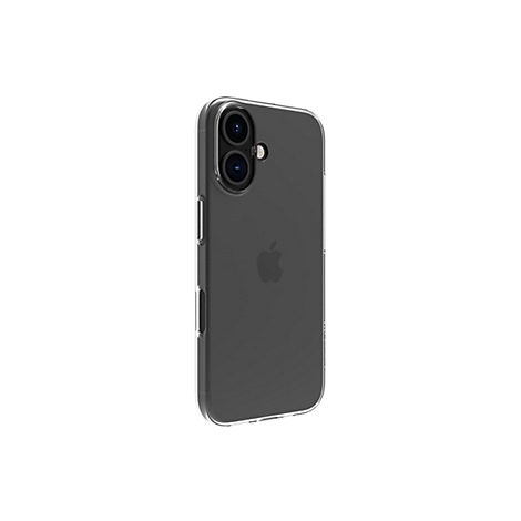 Un étui de téléphone transparent protège un iPhone noir. Les objectifs de l'appareil photo et le logo Apple sont clairement visibles.