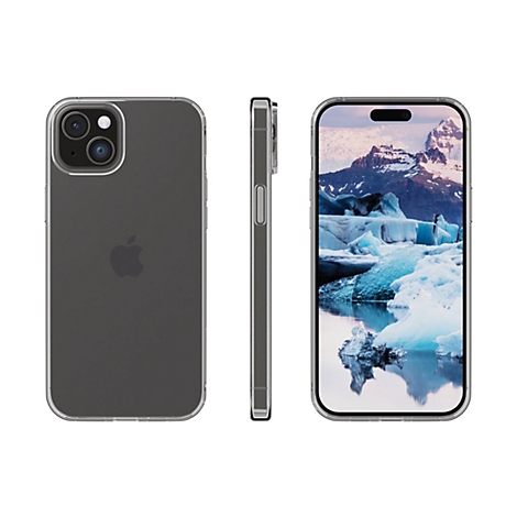 Drei Ansichten eines iPhones. Vorderseite mit Gletscherlandschaft, Rückseite mit Logo, Seite mit Knöpfen. Das Gerät ist in einer Hülle.