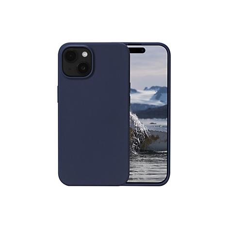 Ein dunkelblaues Smartphone mit Hülle, das einen Wasserspritzer an einer Küste zeigt.