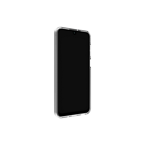 Ein Smartphone, in einer transparenten Schutzhülle, vor weißem Hintergrund. Die Hülle zeigt das Design des Telefons, mit sichtbarem Kamerabereich.