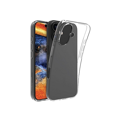 Un iPhone avec une coque transparente présenté sur fond blanc. Une deuxième coque est posée à côté.