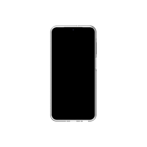 Smartphone mit schwarzem Bildschirm, in durchsichtiger Hülle, vor weißem Hintergrund.