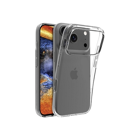 Ein iPhone-Handy in einer transparenten Schutzhülle, vor weißem Hintergrund. Das Display zeigt eine Nahaufnahme einer Felsformation.