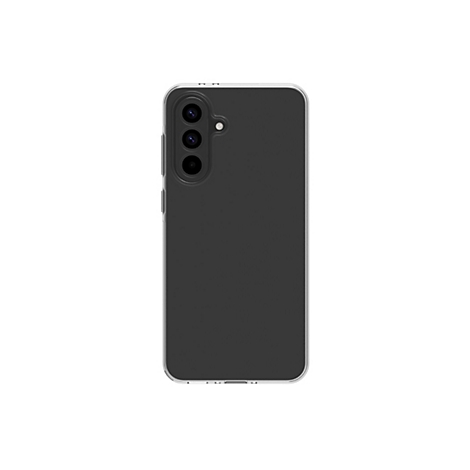 Rückansicht eines schwarzen Smartphones mit durchsichtiger Hülle auf weißem Hintergrund. Drei Kameras und seitliche Tasten.