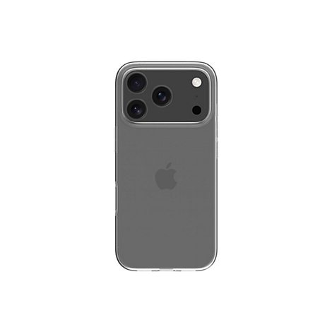 Ein graues Smartphone mit transparentem Case, Rückseite mit drei Kameras, Blitz und Apple-Logo, auf weißem Hintergrund.