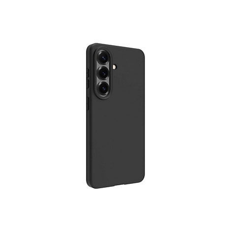 Coque de téléphone noire avec trois objectifs de caméra et des boutons sur le côté, sur fond blanc.