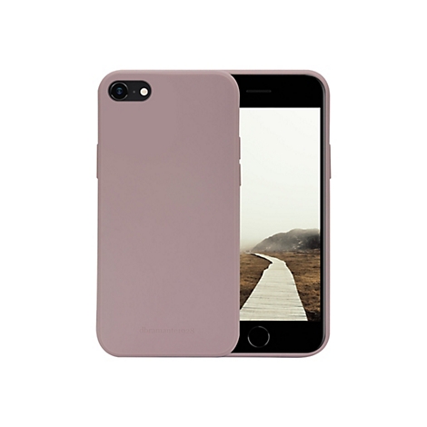 Ein staubrosafarbenes Handycase mit einem Smartphone, auf dessen Bildschirm ein Steg zu sehen ist.