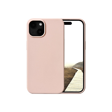 Coque d'iPhone rose clair sur fond blanc, écran affichant un chemin en bois.