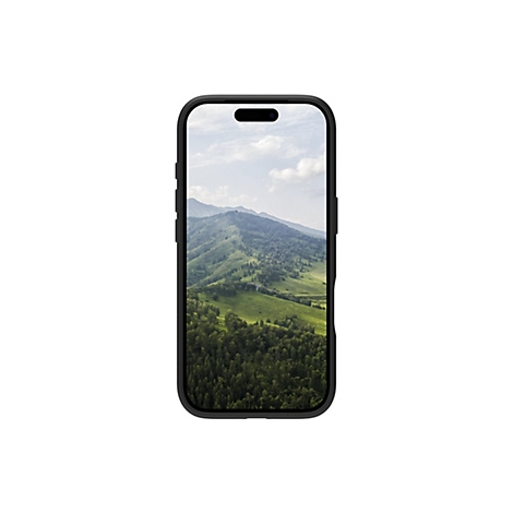 Schwarzes Smartphone mit Berglandschaft auf dem Display. Im Display grüne Berge unter blauem Himmel.