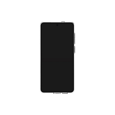 Smartphone in klarer Hülle. Auf weißem Hintergrund. Die Vorderseite ist schwarz.