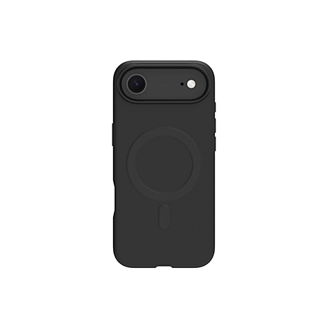 Schwarze Handyhülle mit Kamera, MagSafe-Kreis und Aussparung.