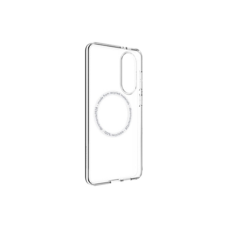 Transparente Handyhülle vor weißem Hintergrund. Mit Schriftzug: "Made from recycled materials".