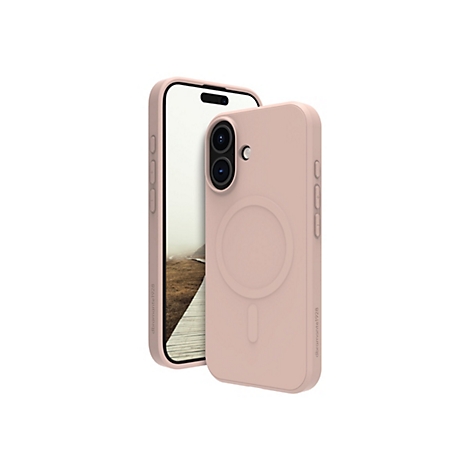 Ein rosafarbenes Smartphone mit Schutzhülle, das neben einem separaten Smartphone-Display liegt. Auf der Rückseite der Hülle ist ein kreisförmiger Magnetbereich zu sehen.