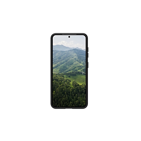 Smartphone affichant un paysage, montagnes, vallées vertes, arbres, sur fond blanc.