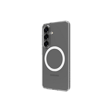 Coque de téléphone transparente pour smartphone avec trois caméras, un anneau blanc et le logo Samsung.