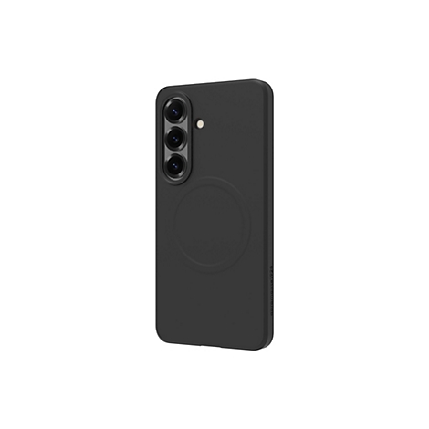 Vue latérale d'une coque de smartphone noire. Trois lentilles en ligne, une lentille de caméra claire et un cercle arrondi au dos.