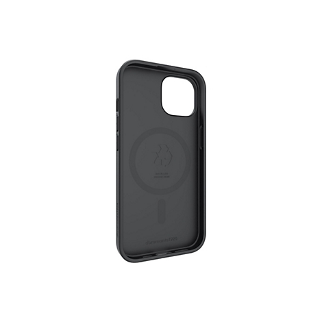 Coque de téléphone noire avec découpes pour appareil photo et boutons, symbole de recyclage et lettrage.