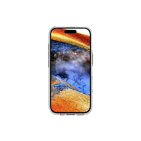 Ein Smartphone mit einem Display, das eine Landschaft mit verschiedenen Texturen zeigt, darunter Krater und Wasser. Das Gehäuse ist transparent.