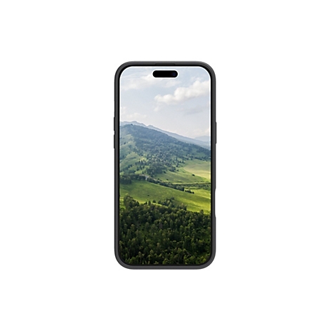 Smartphone zeigt eine Berglandschaft mit grünen Hügeln und blauem Himmel. Das Telefon ist schwarz.