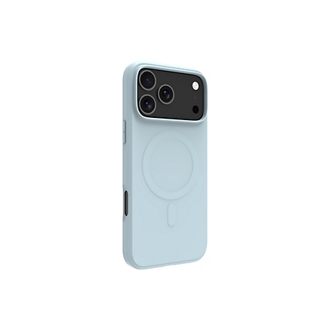 Hellblaues iPhone Case mit Kameraausschnitt und MagSafe-Kreis auf weißem Hintergrund.