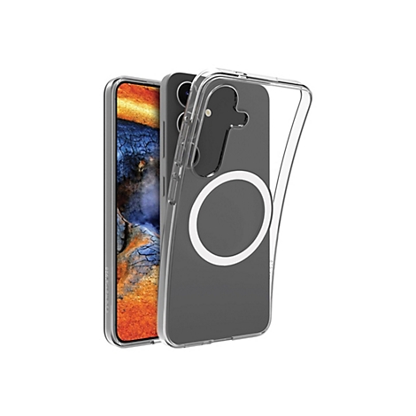 Ein Handy mit transparenter Schutzhülle, die abgenommen wird. Man sieht das Handy selbst und die transparente Schutzhülle.