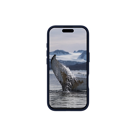 Ein Handy mit einem blauen Rahmen zeigt ein Bild von einer Buckelwalflosse, die aus dem Wasser springt und eine Gischt verursacht.