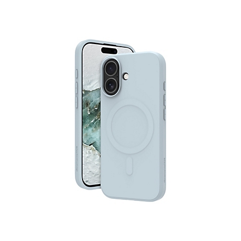 Hellblaues Smartphone-Case, das ein Handy schützt, mit MagSafe-Kreis. Links und rechts ist die Marke 'dbramante1928' zu sehen.