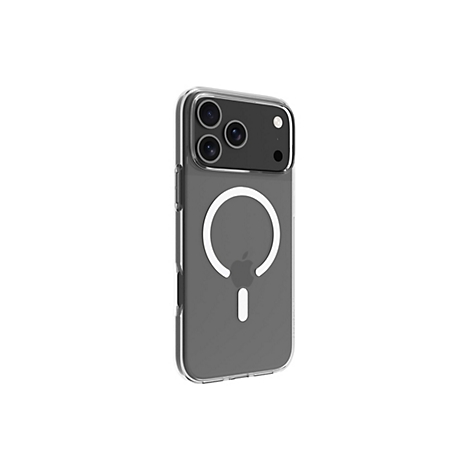 Ein transparentes iPhone-Case mit weißem MagSafe-Ring und Apple-Logo, vor weißem Hintergrund.