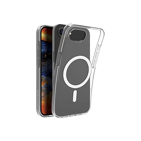 Ein transparentes iPhone Case mit MagSafe-Funktion. Das iPhone liegt teilweise im Case.