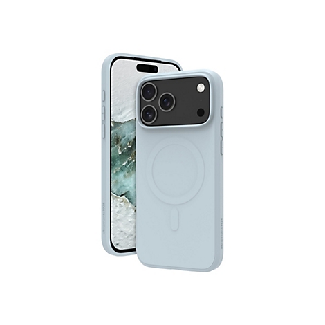 Hellblaues iPhone mit Hülle auf weißem Hintergrund. Die Hülle hat ein MagSafe-Design und ist mit einem iPhone kompatibel.