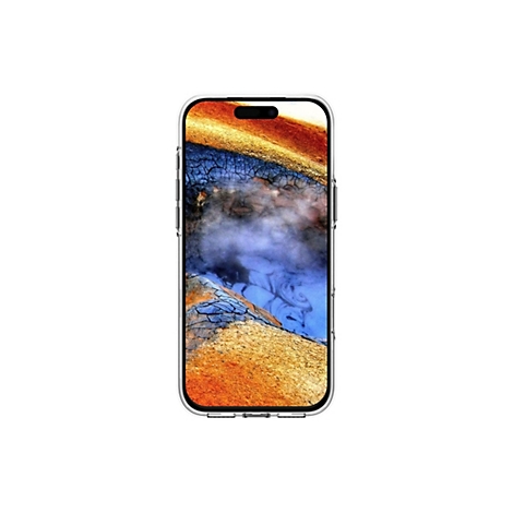 Ein Smartphone mit Landschaftsbildschirm in einer Schutzhülle. Das Display zeigt eine Landschaft in Braun-, Blau- und Orangetönen.