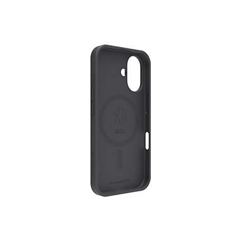 Dunkelgraue Handyhülle, Innenansicht, Ausschnitte für Kamera und Knöpfe. Aufschrift: Recycled Protection, dbrand1928.