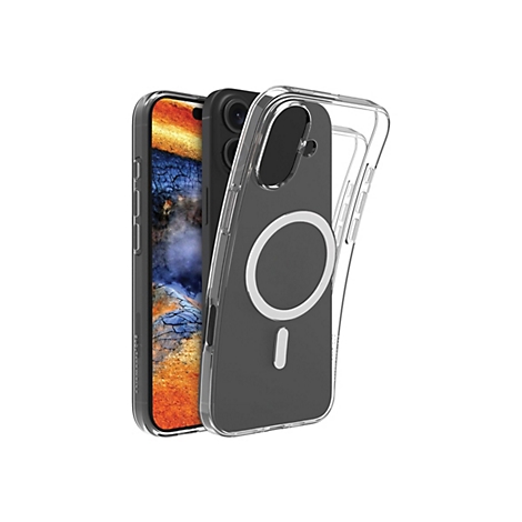 Ein Mobiltelefon mit angebrachter, transparenter Schutzhülle. Die Hülle zeigt das Design des Telefons.
