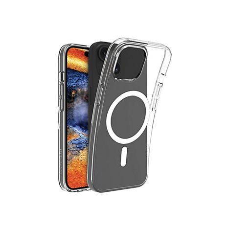 Ein iPhone mit schwarzer Hülle in einer transparenten Schutzhülle, vor weißem Hintergrund. Die Hülle zeigt einen weißen Kreis und einen vertikalen Strich.